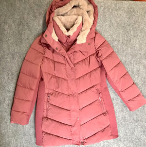 Andrew Marc Womens M Dusty Rose Mauve Hooded Puffer Faux Fur Parka Stretch